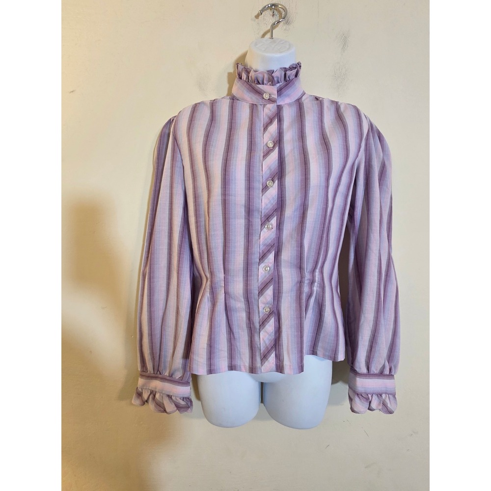 Vintage Gap Purple Striped Ruffle Neck Victorian Blouse Size 11 Puff Sleeve